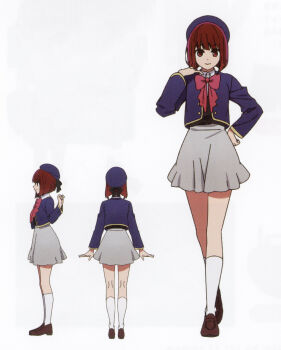 Rule 34 | 1girl, absurdres, arima kana, beret, blue hat, blue jacket, bob cut, bow, bowtie, brown shoes, closed mouth, grey skirt, hat, hat ribbon, highres, inverted bob, jacket, looking at viewer, non-web source, official art, oshi no ko, pink bow, pink bowtie, red eyes, red hair, reference sheet, ribbon, scan, school uniform, self-scan, shoes, short hair, simple background, skirt, smile, solo, youtou high school uniform