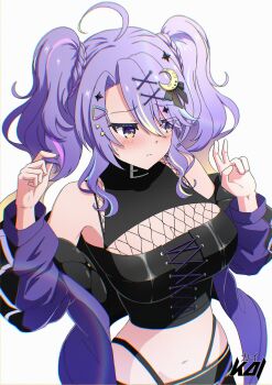 black_shirt blush breasts closed_mouth crescent crescent_hair_ornament hair_ornament hairpin hashtag-only_commentary highres hololive hololive_indonesia jacket kaiyen large_breasts looking_at_viewer moona_hoshinova moona_hoshinova_(punk_rock) navel official_alternate_costume official_alternate_hairstyle purple_eyes purple_hair purple_jacket shirt star_(symbol) star_hair_ornament two_side_up virtual_youtuber x_hair_ornament
