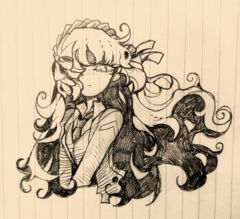 Rule 34 | 1girl, absurdres, bow, closed mouth, coat, collared shirt, freckles, graphite (medium), greyscale, hair bow, hairband, highres, ishmael (project moon), limbus company, long hair, looking at viewer, monochrome, necktie, photo (medium), project moon, shirt, sidelocks, solo, surumenabe, traditional media, very long hair, vest, wing collar