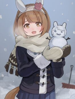 1girl animal_ears blurry blurry_background blush breasts brown_eyes brown_hair commentary_request ewa_(ewa0310) hair_between_eyes hair_ornament highres holding horse_girl horse_tail medium_breasts open_mouth scarf short_hair shovel snow snow_shovel snowing solo tail umamusume yukino_bijin_(umamusume)