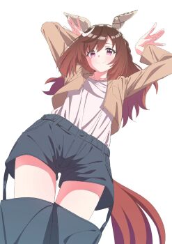1girl animal_ears arms_up brown_hair buena_vista_(umamusume) commentary_request from_below highres horse_ears horse_girl horse_tail jacket long_hair looking_at_viewer open_clothes open_jacket papiyon1297 pink_eyes shorts solo tail thigh_gap umamusume