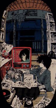 1boy 1girl ashtray black_hair bookshelf cigarette_butt daruma_doll expressionless glasses hanyuu_maigo highres indoors japanese_clothes kimono kotatsu lamp lying original phone phonograph short_hair table tatami television uchida_akira_(taaiseee1121) unworn_eyewear vinyl_record