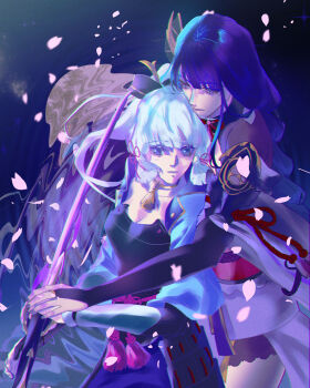 Rule 34 | 2girls, armor, asymmetrical sleeves, ayaka (genshin impact), blue background, blue dress, blue eyes, blue hair, blunt bangs, braid, breasts, bridal gauntlets, cherry blossoms, cleavage, closed mouth, collarbone, commentary, couple, dress, english commentary, genshin impact, glowing, glowing sword, glowing weapon, hair ornament, headpiece, height difference, high ponytail, highres, holding, holding sword, holding weapon, hug, hug from behind, japanese clothes, katana, kimono, leaning back, leaning on person, light blush, lingerie, long sleeves, looking down, medium breasts, multiple girls, musou isshin (genshin impact), off shoulder, outdoors, parted lips, ponytail, purple eyes, purple hair, purple kimono, raiden shogun, red sash, sash, shade, shoulder armor, standing, sword, tadpoleboba, underwear, uneven sleeves, upper body, weapon, yuri