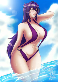 1girl arm_up breasts cleavage curvy female_focus highres large_breasts long_hair maken-ki! navel nijou_aki pink_eyes purple_hair slingshot_swimsuit solo swimsuit valenvenge water wet wide_hips