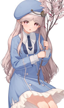 Rule 34 | 1girl, absurdres, black necktie, blue dress, blue hat, branch, brown hair, commentary request, dress, elf, flower, hat, highres, holding, holding branch, long sleeves, looking at viewer, necktie, nikichiho, open mouth, original, pinafore dress, pink eyes, pointy ears, simple background, sleeveless, sleeveless dress, solo, white background, white dress, wing collar