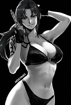 >:) 1girl arm_tattoo artist_name black_background black_bra black_lagoon bra breasts fingerless_gloves gloves greyscale gun handgun holding holding_weapon large_breasts long_hair midriff miss_faves monochrome navel ponytail revy_(black_lagoon) simple_background smile solo swimsuit tattoo underwear v-shaped_eyebrows weapon