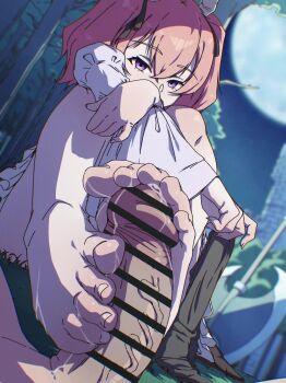 1boy 1girl absurdres animated axe bar_censor barefoot battle_axe black_thighhighs blurry blurry_background castle censored demon_girl demon_horns double-sided_axe dress erection feet foot_focus footjob foreshortening forest funen_gomi_m hand_on_own_arm hetero highres horns linie_(sousou_no_frieren) long_sleeves looking_at_viewer moon nature night outdoors penis pink_hair pov pov_crotch purple_eyes ribbon sound sousou_no_frieren tagme thighhighs thighs toes tree twintails two-footed_footjob unworn_thighhighs veins veiny_penis video weapon