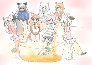 absurdres animal_ears anus arctic_fox_(kemono_friends) bottomless captain_(kemono_friends) censored clothes_lift ezo_red_fox_(kemono_friends) fennec_(kemono_friends) fox_ears fox_girl fox_tail highres hinoto_(pixiv48761170) island_fox_(kemono_friends) kemono_friends lifting_own_clothes no_panties peeing golden_shower pubic_hair pussy red_fox_(kemono_friends) silver_fox_(kemono_friends) sitting skirt skirt_lift squatting standing tail