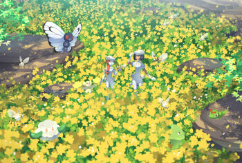 2girls aether_foundation_employee aether_foundation_employee_(cosplay) aether_foundation_uniform braid braided_ponytail caterpie commentary_request cosplay cottonee cutiefly dark-skinned_female dark_skin day forgotten_artist gen_1_pokemon gen_5_pokemon gen_7_pokemon gloves hand_up hat holding holding_pokemon jumpsuit long_hair metapod multiple_girls nintendo orange_hair oricorio oricorio_(pom-pom) outdoors pokemon pokemon_(creature) pokemon_usum ribombee smile standing white_gloves white_headwear white_jumpsuit zossie_(pokemon)