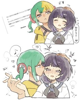 2girls :&lt; ^_^ blonde_hair blush canari_(pokemon) chamopichamo closed_eyes coat commentary_request dark-skinned_female dark_skin green_hair gwynn_(pokemon) half-closed_eyes hand_up hands_up headpat heart highres holding_hands jacket licking licking_another&#039;s_cheek licking_another&#039;s_face multicolored_hair multiple_girls musical_note nintendo open_mouth pokemon pokemon_legends:_z-a purple_eyes purple_hair short_hair short_twintails speech_bubble split-color_hair spoken_heart spoken_musical_note sweat thought_bubble translation_request twintails two-tone_hair white_coat yellow_jacket yuri