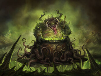 1boy baklaher body_horror cauldron chaos_(warhammer) chaos_god colored_skin commentary curled_horns damaged_skin decay decaying_skin demon_horns disease eldritch_abomination english_commentary extra_eyes fat fingernails flesh fog garden_of_nurgle green_eyes highres holding holding_ladle horns horror_(theme) ladle long_tongue looking_at_viewer multiple_horns nurgle open_mouth pust pustules rotting sharp_fingernails sharp_teeth shoulder_spikes smegma spikes stirring swollen teeth tentacles tongue very_long_tongue warhammer_40k
