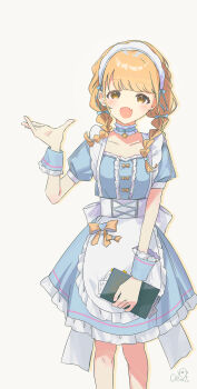 1girl :d absurdres apron blonde_hair blue_dress blush bow braid choker commentary cowboy_shot dated dress earrings fang frilled_apron frilled_choker frills fujita_kotone gakuen_idolmaster highres holding holding_menu idolmaster jewelry looking_at_viewer maid_apron maid_headdress menu open_mouth puffy_short_sleeves puffy_sleeves qs11 short_sleeves signature skin_fang smile solo symbol-only_commentary twin_braids waist_apron waist_bow white_apron wrist_cuffs yellow_eyes