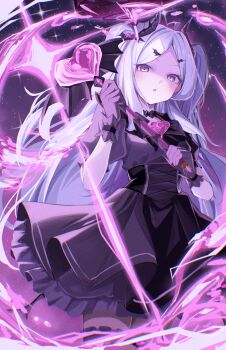 1girl absurdres alternate_costume alternate_hairstyle black_skirt blue_archive blush commentary_request demon_girl demon_horns demon_wings double-parted_bangs film_grain gloves heavy_film_grain high-waist_skirt highres hina_(blue_archive) holding holding_staff horns long_hair looking_at_viewer magical_girl parted_lips purple_eyes purple_gloves purple_shirt shirt short_sleeves sidelocks skirt solo staff supic1711 twintails very_long_hair white_hair wings
