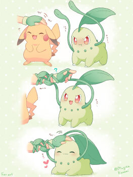 :t ? ^_^ artist_name ash_ketchum chikorita closed_eyes commentary_request fingerless_gloves full_body gen_1_pokemon gen_2_pokemon gloves grabbing_another&#039;s_arm green_gloves happy headpat heart highres jealous lying motion_lines mugita_konomi nintendo on_stomach open_mouth petting pikachu pokemon pokemon_(anime) pokemon_(classic_anime) pokemon_(creature) polka_dot polka_dot_background pout red_eyes simple_background smile standing sweatdrop tongue twitter_username v-shaped_eyebrows v_arms vine_whip