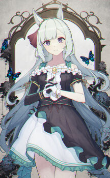 1girl animal_ears asymmetrical_gloves asymmetrical_sleeves bare_shoulders black_dress black_gloves blue_flower blue_hair bow braid breasts bug butterfly center_frills closed_mouth collarbone commentary_request crown_braid dress ear_ornament ear_ribbon flower frills gloves highres horse_ears horse_girl horse_tail insect long_hair looking_at_viewer mejiro_ardan_(clinochlore_line)_(umamusume) mejiro_ardan_(umamusume) mismatched_gloves off-shoulder_dress off_shoulder purple_eyes shikahisa_totani smile solo tail umamusume uneven_sleeves very_long_hair white_gloves