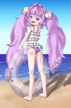 1girl animal_ears ass beach bikini blush cow_ears cow_tail equus_ignis feet frilled_bikini frills from_behind highres horns innertube loli long_hair looking_at_viewer looking_back mini_moo mole muu_muyu open_mouth outdoors phase_connect pink_eyes purple_hair solo swim_ring swimsuit tail twintails virtual_youtuber