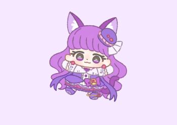 1girl :3 absurdly_long_hair animal_ear_fluff animal_ears animal_shoes anklet blunt_bangs boots bow bubble_skirt cat_ears cat_girl cat_tail chibi closed_mouth cure_macaron dot_nose dress dress_bow earrings extra_ears eyelashes food food-themed_clothes food-themed_hair_ornament frilled_sleeves frills gloves hair_ornament hair_ribbon happy heart heart_print ichigo_usuhana jewelry kirakira_precure_a_la_mode knee_boots kotozume_yukari light_blush long_hair looking_at_viewer macaron magical_girl medium_dress outstretched_arms pink_bag precure puffy_short_sleeves puffy_sleeves purple_background purple_bow purple_dress purple_eyes purple_hair purple_ribbon ribbon short_sleeves simple_background skirt smile solo sphere_earrings tail tareme two-tone_bag very_long_hair waist_bag wavy_hair white_gloves white_sleeves yellow_bag