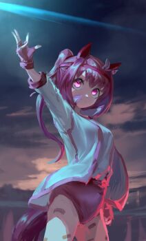 Rule 34 | 1girl, animal ears, bandaid, bandaid on leg, blush, bow, brown hair, buruma, commentary request, ear bow, ear covers, flower-shaped pupils, flower in eye, gloves, hairband, haru urara (bestest prize) (umamusume), haru urara (umamusume), headband, highres, horse ears, horse girl, horse tail, inishie kumo, jacket, long hair, open mouth, pink buruma, pink eyes, pink hair, pink headband, ponytail, red buruma, red gloves, red headband, shirt, smile, solo, symbol-shaped pupils, symbol in eye, tail, umamusume