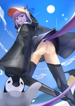 1girl absurdres animal_hood ass bikini bird black_bikini black_jacket blue_bow blue_eyes blue_sky blush bow breasts fate/grand_order fate_(series) food grin hashtag-only_commentary highres hood hood_up jacket long_hair long_sleeves looking_at_viewer looking_back meltryllis meltryllis_(fate) meltryllis_(swimsuit_lancer)_(fate) meltryllis_(swimsuit_lancer)_(first_ascension)_(fate) mouth_hold penguin penguin_hood popsicle prosthesis prosthetic_leg purple_hair sky sleeves_past_fingers sleeves_past_wrists small_breasts smile swimsuit thighs very_long_hair yugusan5