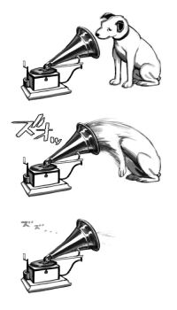 absorbing animal_focus dog full_body greyscale his_master&#039;s_voice kahadu_(kawazu) monochrome no_humans original phonograph simple_background surreal