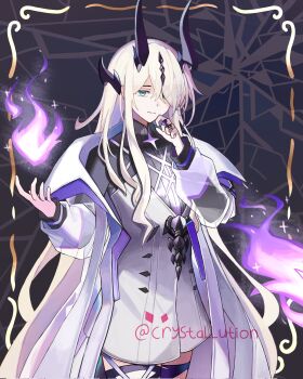 1girl arknights black_horns black_shirt black_thighhighs border closed_mouth coat collared_shirt corrupted_twitter_file cowboy_shot crystallution dress fire green_eyes hair_over_one_eye hand_on_own_face highres horns light_smile long_sleeves looking_at_viewer magic necrass_(arknights) off_shoulder ornate_border purple_fire pyrokinesis shirt solo split_mouth standing thighhighs torn_clothes torn_thighhighs twitter_username watermark white_coat white_dress