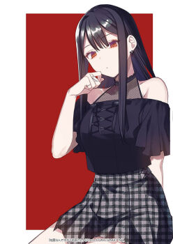 1girl black_hair black_shirt border bow chihara_mai closed_mouth clothing_cutout commentary_request copyright_notice cowboy_shot earrings grey_skirt hand_up jewelry jirai_nan_desu_ka?_chihara-san long_hair outside_border plaid_clothes plaid_skirt red_bow red_eyes ring ringed_eyes ryon_(ryonhei) second-party_source shirt shoulder_cutout sidelocks sitting skirt solo unmoving_pattern white_border