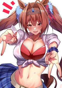 1girl absurdres alternate_costume animal_ears antenna_hair blush breasts brown_hair cleavage collarbone commentary_request daiwa_scarlet_(umamusume) double_gyaru_v fang fingernails gold_necklace gyaru gyaru_v hair_between_eyes hair_intakes hair_ornament hands_up highres horse_ears horse_girl horse_tail jewelry large_breasts long_hair looking_at_viewer miniskirt nail_polish navel necklace open_mouth pink_nails plaid_clothes plaid_skirt pleated_skirt red_eyes reon_(dainagon_azuki) scrunchie shirt simple_background skin_fang skirt smile solo stomach tail tiara tied_shirt twintails umamusume v very_long_hair white_background white_shirt wrist_scrunchie