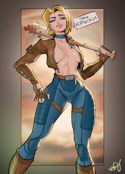 1girl absurdres baseball_bat belt blonde_hair blood bloody_weapon blue_choker blue_eyes blue_pants blurry blurry_background boots breasts breasts_apart brown_boots brown_jacket character_request choker collarbone commentary covered_erect_nipples ear_piercing english_commentary eyelashes fallout fingerless_gloves full_body gloves highres holding holding_weapon jacket lips looking_at_viewer looking_down madsnsfw narrow_waist nipple_slip nipples no_shirt nose open_clothes open_jacket pants piercing raised_eyebrow russian_commentary short_hair signature simple_background solo solo_focus speech_bubble spiked_bat spikes thick_lips thigh_gap toned translated weapon wide_hips