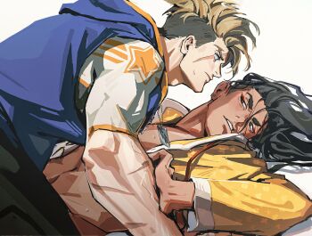 2boys abs black_hair black_pants blonde_hair blue_eyes blue_hoodie blush brown_eyes chinese_clothes dark-skinned_male dark_skin dog_tags hair_down hand_on_another&#039;s_arm hashtag-only_commentary highres hood hood_down hoodie jamie_siu long_hair looking_at_another luke_sullivan lying male_chest male_focus multiple_boys on_back open_clothes open_shirt pants parted_lips pinned scar scar_across_eye scar_on_face shirt simple_background sleeveless sleeveless_hoodie star_(symbol) straddling street_fighter street_fighter_6 thick_eyebrows tokireii upper_body white_background white_shirt yaoi yellow_shirt