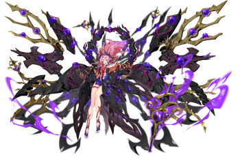 Rule 34 | absurdres, alternate form, armored gloves, artery gear, artery gear: fusion, blue dress, claws, dress, floating, floating object, floating weapon, hair ornament, halo, highres, jewelry, long hair, mecha musume, mechanical halo, mechanical wings, open mouth, purple hair, rigging, thighlet, wing hair ornament, wings, xingyao liu (artery gear), yellow eyes, zhu fun