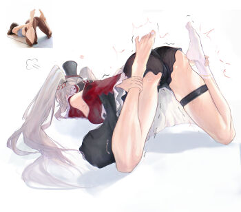 Rule 34 | 1girl, 2026, absurdres, ass, black hat, black shorts, cameltoe, capelet, commentary, dress, english commentary, facing away, grabbing own ankles, hat, highres, honkai: star rail, honkai (series), kneeling, long hair, meme, mini hat, mini top hat, nadenadesuki, on chest, panties under shorts, photo-referenced, photo inset, pomf, prone, reaching back, red capelet, reference inset, reverse yogic sleep pose, shorts, simple background, single bare foot, single sock, socks, solo, sparkle (honkai: star rail), sparxie (honkai: star rail), thighs, toes, top-down bottom-up, top hat, twintails, very long hair, white background, white dress, white hair, white socks, yoga