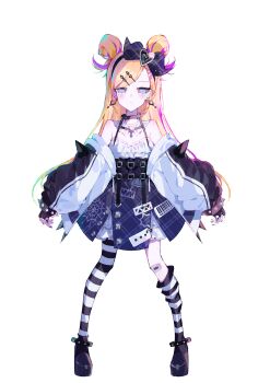 1girl absurdres asymmetrical_legwear bare_shoulders belt black_belt black_bow black_hairband black_shoes blonde_hair blue_eyes blue_skirt bow closed_mouth detached_collar double_bun ear_piercing earrings empty_eyes full_body hair_bow hair_bun hair_ornament hairband hairclip haishin_shoujo_no_uraaka_meikyuu highres ichinose_kairi jacket jewelry long_hair long_sleeves looking_at_viewer miniskirt official_art open_clothes open_jacket pantyhose piercing plaid_clothes plaid_skirt second-party_source shirt shoes simple_background skirt solo standing striped_clothes striped_pantyhose swept_bangs tachi-e umemaro_(siona0908) white_jacket white_shirt