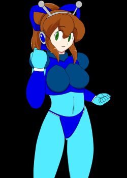 Rule 34 | 1girl, alternate color, android, armor, assatakku, bikini armor, black background, blue armor, blue ribbon, boots, breasts, brown hair, clenched hands, closed mouth, commentary request, green eyes, hair ribbon, hairband, hand up, headphones, highres, hyper roll (marvel vs. capcom), joints, knee boots, large breasts, long hair, looking at viewer, marvel vs. capcom, mechanical arms, mechanical boots, mechanical legs, mega man (classic), mega man (series), ponytail, radio antenna, ribbon, robot, robot girl, robot joints, roll (mega man), shoulder armor, sidelocks, simple background, smile, solo, standing, variant set