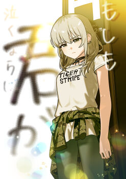 Rule 34 | 1girl, camouflage, camouflage jacket, clothes around waist, commentary request, earclip, girls band cry, grey eyes, grey hair, grey shirt, habsida (habsida hpy), highres, jacket, jacket around waist, jewelry, kawaragi momoka, long hair, multicolored hair, necklace, pants, roots (hair), shirt, short sleeves, sidelocks, solo, sparkle