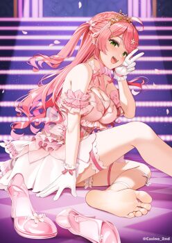 1girl :d ahoge barefoot braid breasts casino_(casinoep) checkered_floor cleavage dress feet flower foot_focus foot_out_of_frame full_body green_eyes hair_flower hair_ornament high_heels highres hololive insole knee_up large_breasts legs long_hair open_mouth pink_dress pink_hair pink_shoes sakura_miko sakura_miko_(flower_fantasista!) see-through_clothes see-through_footwear shoes sitting smile soles solo stairs stiletto_heels thigh_strap tiara toes two_side_up unworn_shoes v virtual_youtuber