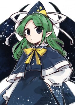 Rule 34 | 1girl, blue capelet, blue hat, blue skirt, blue vest, bow, bowtie, capelet, closed mouth, commentary, cowboy shot, green eyes, green hair, hand on own hip, hat, highres, long hair, long sleeves, looking at viewer, mima (touhou), pointy ears, shirt, skirt, solo, sun print, tama (hiroshige 36), touhou, touhou (pc-98), twitter username, vest, watermark, white shirt, wings, wizard hat, yellow bow, yellow bowtie