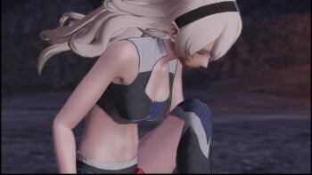 1girl 3d armor armpits bare_shoulders black_hairband bra breasts broken_armor cleavage closed_eyes collarbone female_corrin_(fire_emblem) female_focus fighting_pose fighting_stance fingernails fire_emblem fire_emblem_fates fire_emblem_warriors gameplay_mechanics hair_between_eyes hair_ornament hairband intelligent_systems kneeling legs long_hair medium_breasts midriff multicolored_underwear nails navel neck night night_sky nintendo official_alternate_costume official_underwear outdoors pale_skin panties pointy_ears red_eyes sky solo sword thighs underwear underwear_only weapon white_hair yato_(fire_emblem)