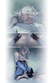 1boy 1girl after_anal anal anus ass backless_outfit bandaged_leg bandaged_neck bandages blue_negligee blush breasts buttjob clothed_female_nude_male cross-laced_clothes cross-laced_panties cum cum_in_ass cum_on_ass cum_on_body cursoulla doggystyle ejaculation erection futa_with_male futanari gloves grabbing_another's_ass grey_hair groping handsfree_ejaculation highres kaine_(nier) lingerie negligee nier nier_(brother) nier_(brother)_(post_timeskip) nier_(series) nipples nude panties penis prone_bone sex sex_from_behind spread_legs underwear