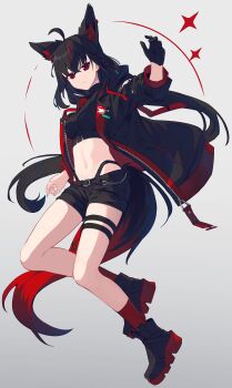 Rule 34 | 1girl, absurdres, ahoge, animal ear fluff, animal ear piercing, animal ears, belt, black belt, black gloves, black hair, black jacket, black shoes, black shorts, braid, breasts, closed mouth, colored shoe soles, crop top, dark persona, expressionless, fox ears, fox girl, fox tail, full body, gloves, gradient background, grey background, hair between eyes, highres, hololive, jacket, kurokami fubuki, long hair, long sleeves, looking at viewer, medium breasts, midriff, multicolored jacket, nagishiro mito, navel, open clothes, open jacket, pentagram, red eyes, red jacket, shoes, short shorts, shorts, simple background, single braid, single glove, solo, tail, two-tone jacket, virtual youtuber