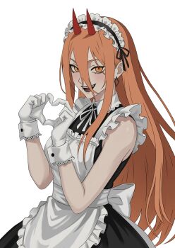 Rule 34 | 1girl, absurdres, alternate costume, apron, chainsaw man, commentary, english commentary, enmaided, gloves, hair between eyes, heart, heart hands, highres, horns, long hair, looking at viewer, maid, maid apron, maid headdress, orange hair, pcharlesart, power (chainsaw man), simple background, smile, solo, standing, teeth, very long hair, white background, white gloves, yellow eyes