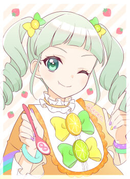 Rule 34 | 1girl, aikatsu!, aikatsu! (series), blunt bangs, bow, bowtie, bracelet, commentary request, drill hair, fang, food, fruit, green eyes, green hair, hair bow, hands up, highres, holding, holding spoon, index finger raised, jewelry, kinakona, lemon, lemon slice, long hair, looking at viewer, one eye closed, smile, solo, spoon, strawberry, todo yurika, twin drills, twintails, upper body, yellow bow, yellow bowtie