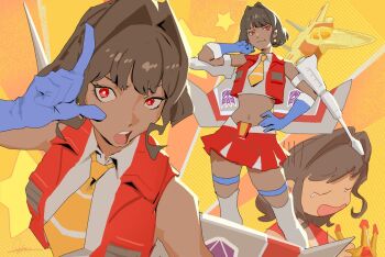 1girl aircraft airplane blue_gloves brown_hair chibi closed_mouth collared_shirt cropped_shirt dark-skinned_female dark_skin decepticon fighter_jet gloves hand_on_own_hip l_hand looking_at_viewer midriff military_vehicle multiple_views navel necktie open_mouth orange_background orange_necktie qosic red_eyes red_skirt red_vest shirt short_hair skirt smile star_(symbol) starscream starscream_(kotobukiya_bishoujo) striped_necktie swept_bangs thighhighs transformers vest white_shirt white_thighhighs