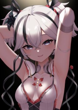 1girl absurdres armpits arms_up ayumi_aotr_a black_eyes black_flower blake_bloom_(wuthering_waves) breasts camellya_(wuthering_waves) collarbone commentary dark_background flower grey_hair hair_between_eyes hair_flower hair_ornament hair_vines highres looking_at_viewer medium_breasts parted_lips red_pupils short_hair smile solo tacet_mark_(wuthering_waves) upper_body wuthering_waves