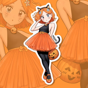 1girl animal_ears artist_name bell black_pantyhose black_shirt blue_eyes brown_eyes cat_ears cat_girl cat_tail facial_mark fellatrix halloween_costume heterochromia highres jack-o&#039;-lantern jingle_bell looking_at_viewer neck_bell orange_hair orange_shoes orange_skirt original outline pantyhose shirt shoes short_hair skirt sleeveless sleeveless_shirt suzie_q_(fellatrix) suzieq_(fellatrix) tail whisker_markings white_outline zoom_layer