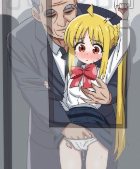 1boy 1girl age_difference ahoge blonde_hair blue_skirt blush bocchi_the_rock! bow braid chikan fingering grabbing_another's_breast groping hand_in_panties highres hippo_power ijichi_nijika molestation old old_man older_male_and_younger_female panties pleated_skirt ponytail pussy_juice pussy_juice_drip_through_clothes red_bow red_eyes school_uniform shirt side_ponytail side_ponytail_with_braided_base skirt train_interior underwear white_panties white_shirt