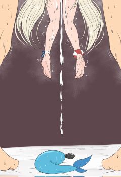 1boy 1girl blonde_hair butt_plug cum cumdrip feet foot_focus fuzzlogik highres indie_virtual_youtuber living_fleshlight loli long_hair motion_lines sameko_saba sex_toy simple_background trembling virtual_youtuber