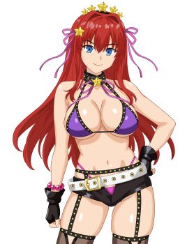 Rule 34 | 1girl, absurdres, aozaki aoko, bare shoulders, bb (fate), bb (swimsuit mooncancer) (second ascension) (fate), bb (swimsuit mooncancer) (second ascension) (fate) (cosplay), bead bracelet, beads, belt, bikini, black gloves, black shorts, black thighhighs, blue eyes, bracelet, breasts, cleavage, cosplay, fate/grand order, fate (series), fingerless gloves, garter belt, gloves, hair intakes, hair ornament, hair ribbon, hairband, highres, jewelry, justcuyo, large breasts, long hair, looking at viewer, mahou tsukai no yoru, micro shorts, navel, neck ribbon, purple bikini, red hair, ribbon, shorts, sidelocks, solo, star (symbol), star hair ornament, super aoko, swimsuit, thighhighs, thighs, white belt