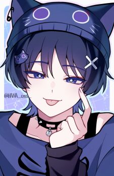 1boy :p akanbe alternate_costume animal_ear_headwear animal_hat beanie black_choker black_hair black_hat black_sleeves blunt_ends border bright_pupils casual cat_hair_ornament cat_hat choker collarbone colored_eyelashes contemporary eyelid_pull eyeliner eyeshadow fake_animal_ears finger_to_cheek fingernails genshin_impact hair_ornament halterneck hana_cms hand_up hat index_finger_raised long_sleeves makeup male_focus outline portrait purple_background purple_eyes purple_shirt red_eyeliner red_eyeshadow scaramouche_(cat)_(genshin_impact) scaramouche_(genshin_impact) shirt solo spiked_choker spikes tongue tongue_out tsurime twitter_username white_border white_pupils wispy_bangs x_hair_ornament