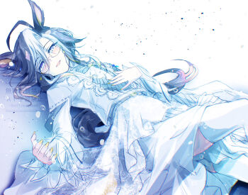 1girl animal_ears black_hair blue_eyes blush dream_journey_(snow-white_dreamland)_(umamusume) dream_journey_(umamusume) dress eyewear_strap glasses hair_between_eyes highres horse_ears horse_girl horse_tail long_hair long_sleeves looking_at_viewer lying multicolored_hair official_alternate_costume on_back open_mouth smile solo tail thighhighs umamusume watermark white_dress white_hair white_thighhighs yue_(lov_n_n)