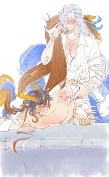 2boys anal blush claws dragon_horns dragon_tail ergogida genshin_impact hand_on_another&#039;s_arm highres horns male_penetrated multiple_boys neuvillette_(genshin_impact) nipples sex sex_from_behind tail thrust_lines twitter twitter_username white_background yaoi zhongli_(genshin_impact)